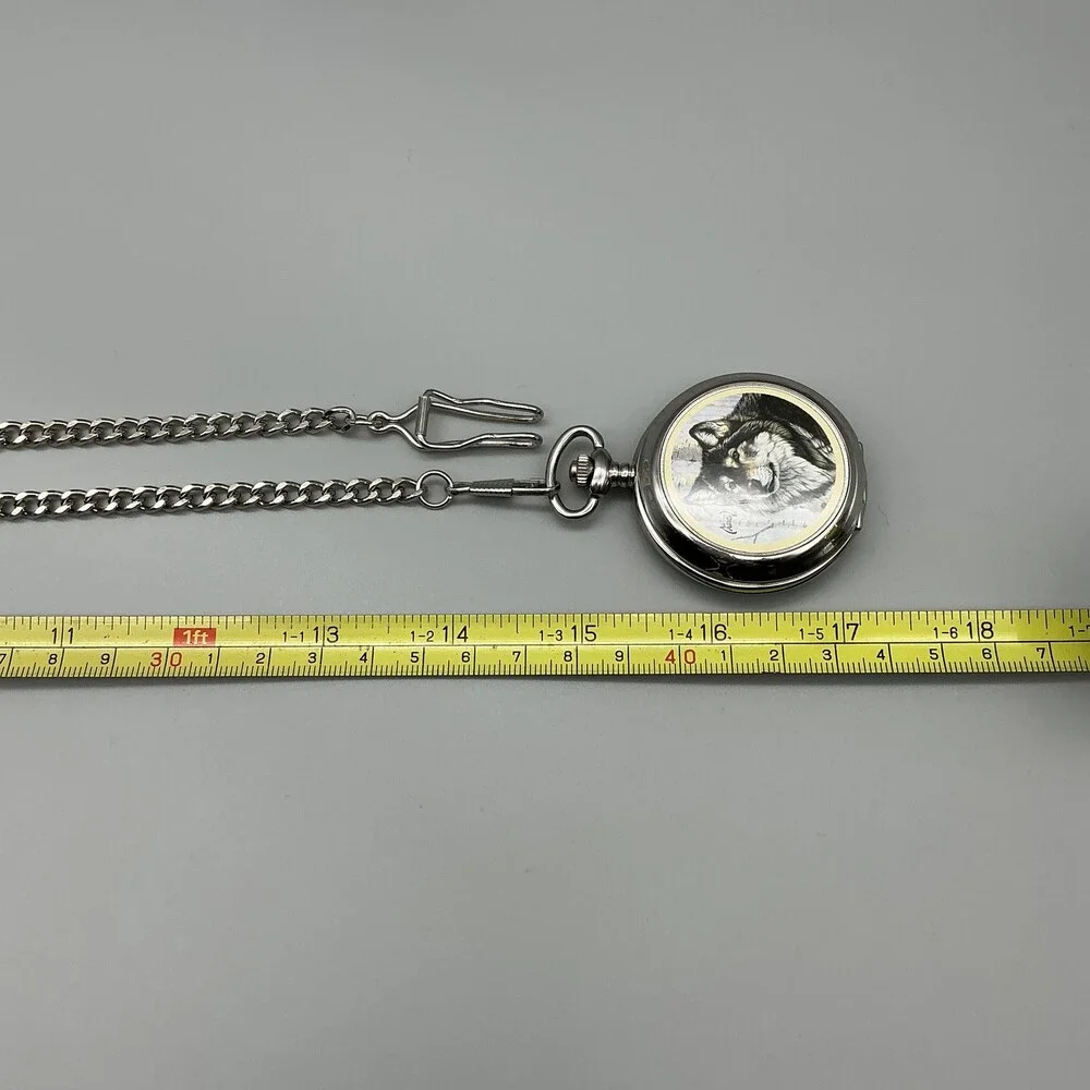 Al Agnew Pocket Watch Men 46mm Silver Tone Wolf Full Hunter Chain New Battery